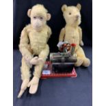 c1940 Toys: Monkey with jointed arms and legs, felt painted face, glass eyes. 20ins. Teddy, glass