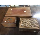 Boxes: 19th cent. Box with geometric marquetry design, an oak stationery box with brass feet and
