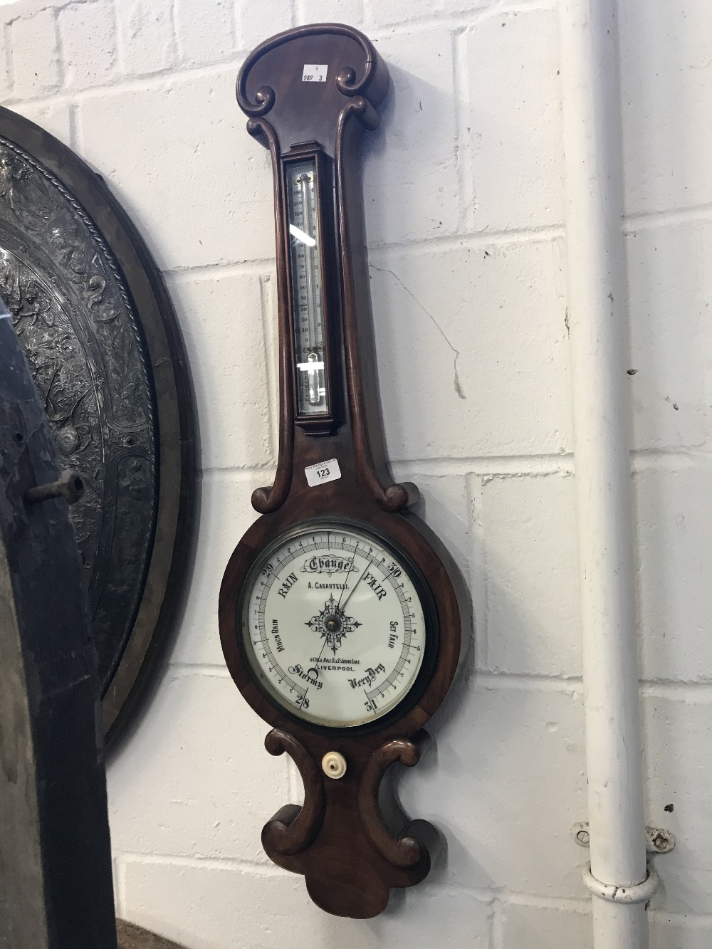 19th cent mahogany banjo barometer, white dial, signed A. Casartelli Liverpool.