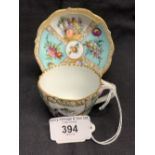 Meissen: Cabinet cup, 2½ins. diameter and saucer, 4ins. diameter, decorated with turquoise alternate