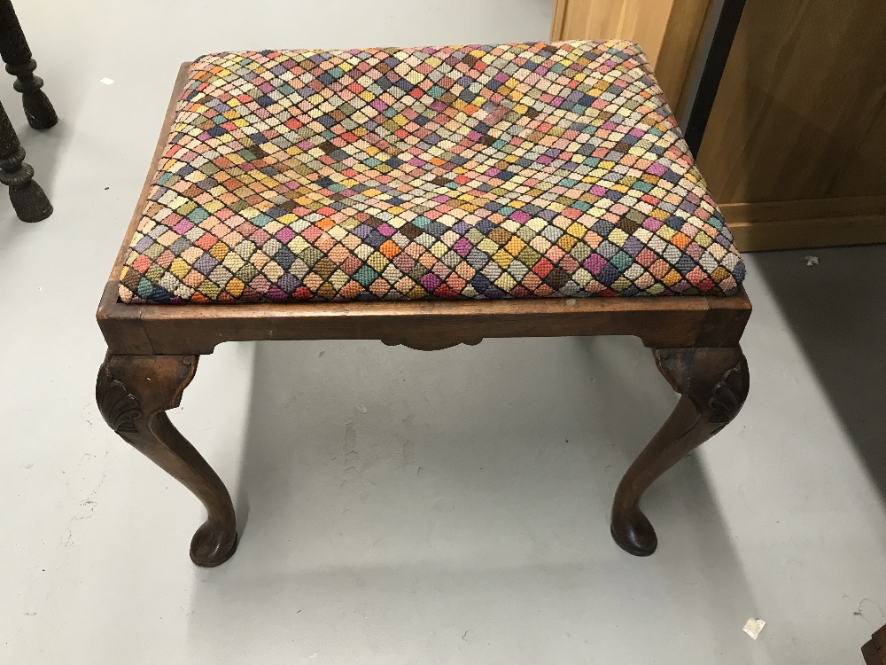 Queen Anne style walnut footstool with acanthus decoration to the knees