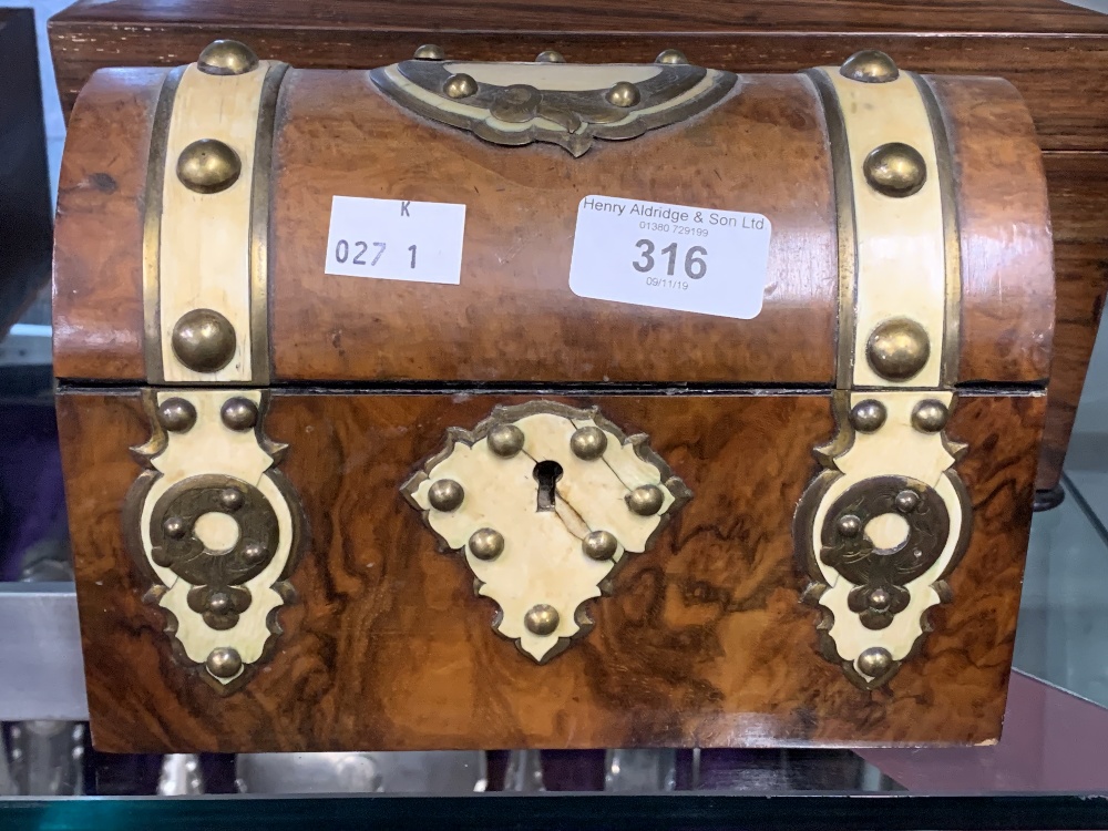 19th cent. Walnut tea box with brass bound decoration, plus a 19th cent. rosewood sarcophagus - Image 2 of 3