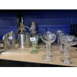 Glass: 20th Century hollow stem champagne glasses, 4 powell glasses, Venetian style glass figures of