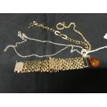Costume Jewellery: Yellow metal woman's wide cuff bracelet, curb bracelet set with cubic zirconia,