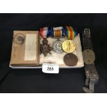 World War One: WWI 14-15 trio, dog tags, bracelet and wound strip to Driver Norman Gray Royal
