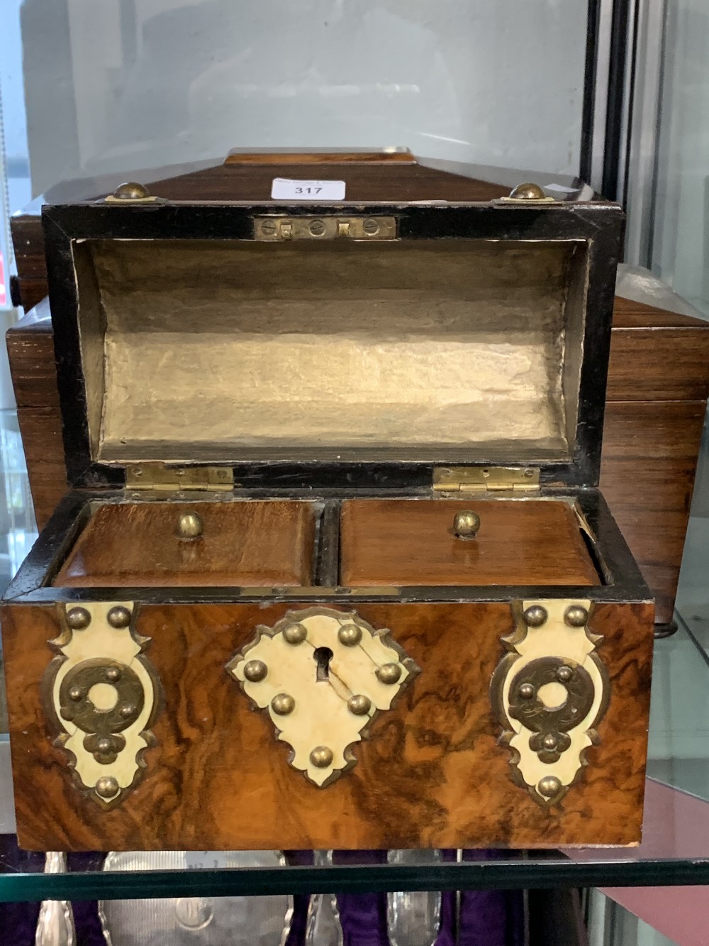 19th cent. Walnut tea box with brass bound decoration, plus a 19th cent. rosewood sarcophagus - Image 3 of 3