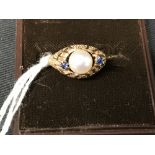 Gold Jewellery: 14ct. yellow gold (tested) pearl and small sapphire ring. 3.2gms.