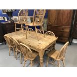 20th cent. Pine farmhouse kitchen table 72ins. x 35ins. plus 8 beech wheel back chairs and one