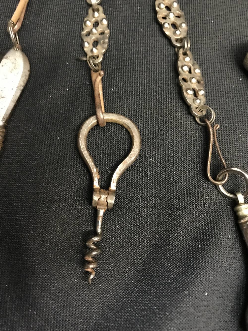 Corkscrews/Wine Collectables: Late 18th cent. Bright cut steel Chatelaine, 7 hangers with a photo - Bild 5 aus 5