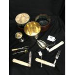 19th cent. French campaign/picnic set. Continental silver and steel knife, fork, spoon, toast