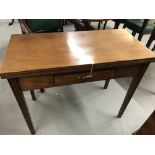 19th cent. Mahogany games table, tapered supports, with single drawer. 35ins. x 17ins. (35ins. open)