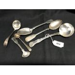 Hallmarked Silver: Dessert spoon x 2, sauce ladle and a condiment spoon x 3, various makes and