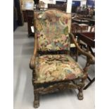 19th cent. Carolean style elbow chair with needlework covers, in 17th century style.