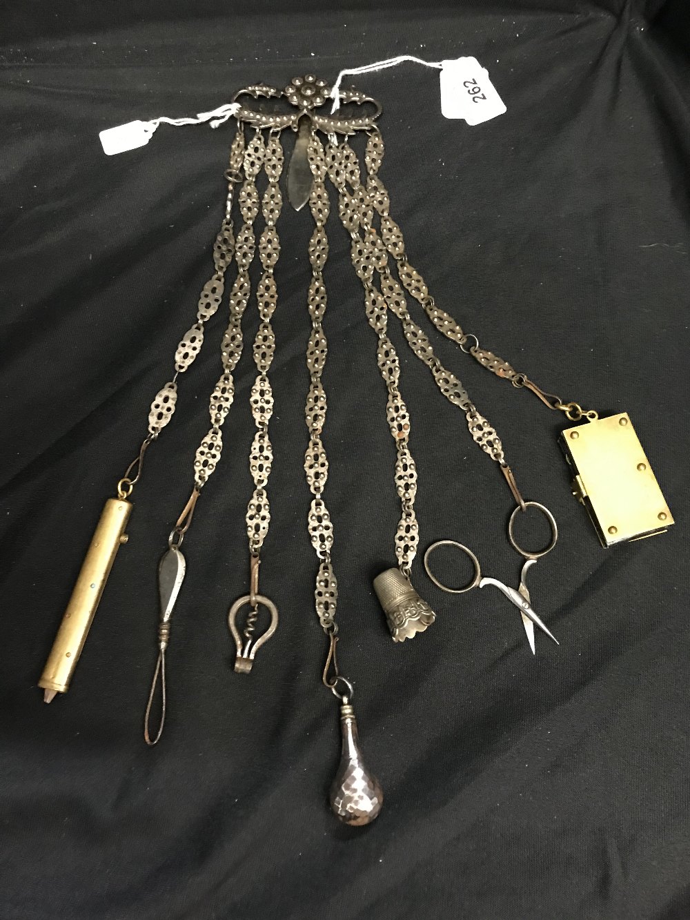 Corkscrews/Wine Collectables: Late 18th cent. Bright cut steel Chatelaine, 7 hangers with a photo - Bild 2 aus 5