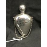 Hallmarked Silver: Perfume flask, elongated heart shaped with screw knop top and safety chain.