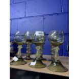 Glassware: Bohemian style amber goblets with decorated stems x 6.