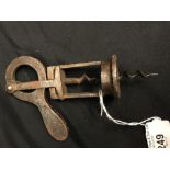 Corkscrews/Wine Collectables: 19th cent. Steel cam action open barrel corkscrew with long bladed