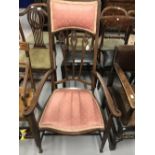 19th cent. Mahogany arts and crafts chair, carved cresting rail pierced slat backs and arm fronts,