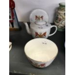 20th cent. Gladstone China crested ware teapot on stand and sugar bowl decorated with the Welsh