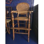 Late 19th cent. Beech & rattan, hoop back child's high chair. 36ins. high
