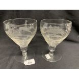 Early 19th cent. Drinking Glasses: Knop stem rummers, the bowl etched and engraved Huntsmen x 3,