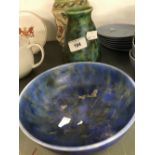 Art Pottery: Clews Chameleon ware royal blue bowl. 7ins. Plus a green ground chameleon vase. 6ins.