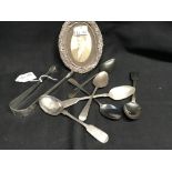 Hallmarked Silver: Georgian & later spoons x 6 plus bright cut sugar tongs and a small oval