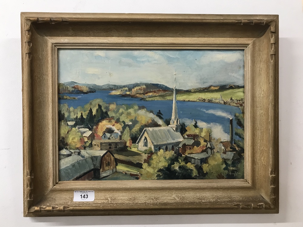 20th cent. Audrey McNaughton, Canadian: Oil on paper view of Campbell's Bay Oct. 52. Signed lower