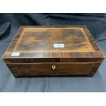 19th cent. Rosewood and mahogany inlaid sewing box with fitted interior.