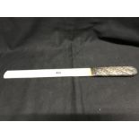 19th cent. Hallmarked Silver: Paper knife with worked ivory blade 11ins. Handle with diagonal floral