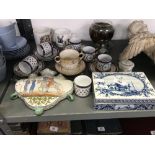 19th/20th cent. Ceramics & Glassware: Delft trinket box, Normandy pottery plaque, two handle cup,