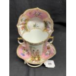 Helena Wolfson: two handled cabinet trio of quatrefoil shape decorated pink floral panels,