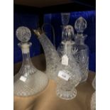 20th cent. Glassware: Decanters ships, hobnail cut horn shape decanter with white metal fittings x 3