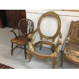 19th cent. Gilt wood carver chair in need of complete restoration plus oak and elm Windsor chair. (