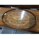 Late 19th Mahogany oval serving tray with inlay, in the neo-classical style. 26ins.