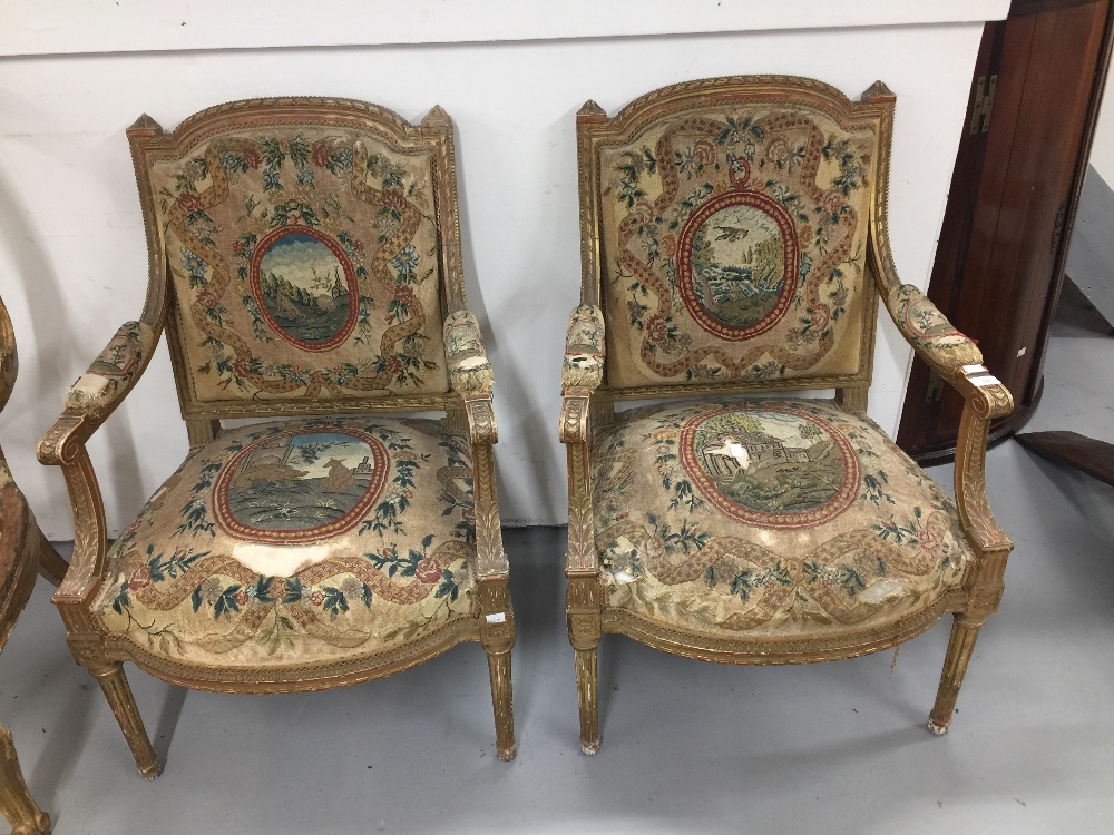 French Louis XVI style, gilt wood elbow chairs, c1875 with original tapestry covers - a pair. A/F