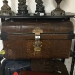 Travel: 1930s Taylor & Law tin steamer trunk with brass lock, key and makers label.