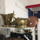 Metalware: Victorian brass coal scuttle plus one other, copper warming pan, companion set, etc.