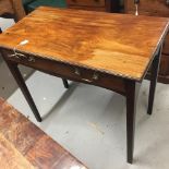 18th cent. Mahogany side table on tapered supports, with two handled single drawer. 31ins. x