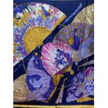 Fashion: Hermes Sun Kyung by Julia Abadie S.A. silk scarf, gold colour border, dark blue ground,