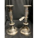 19th cent. Candlesticks, electroplate on copper with ornate collars. Height 8ins. A pair.