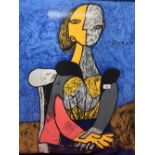 Fashion: Picasso Portrait silk scarf finished with rolled edge in shades of blue, pink, yellow and