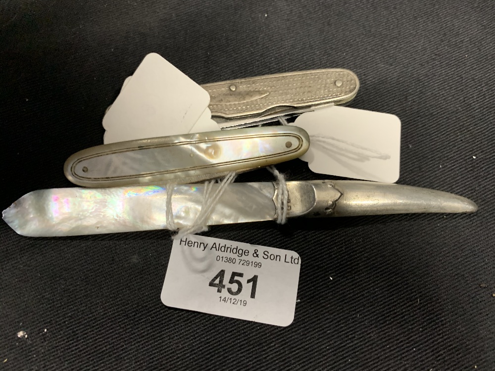 Hallmarked Silver: mother of pearl fruit knives hallmarked Sheffield 1868, and one penknife