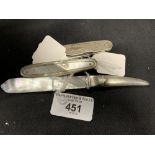 Hallmarked Silver: mother of pearl fruit knives hallmarked Sheffield 1868, and one penknife