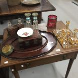 20th cent. Mahogany sewing tray, collection of coloured glass to include a pair of lustres, 20th