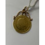 Gold Coins: 1817 George III Sovereign circulated worn, mounted on yellow metal as a pendant. 8.9g.