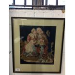 19th cent. Fine point needlework of a domestic scene featuring an elderly couple. Framed and