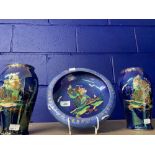 20th cent. Ceramics: Crown Devon Fieldings blue lustre galleon baluster vases (2) 9ins. and a blue