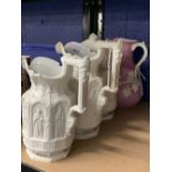 19th cent. Ceramics: Parian relief graduated apostle jugs, chip to base of one jug. Possibly