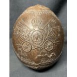 19th cent Peninsular War: Napoleonic interest carved coconut 'Bugbear Flask' carved in relief with